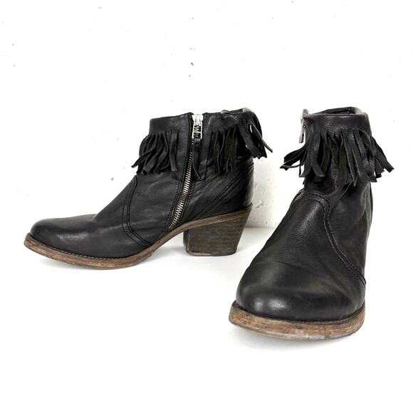 AllSaints Women Bonny Valley Black Leather Fringe Ankle Boots Cuban Heel Size 39 - Picture 1 of 8